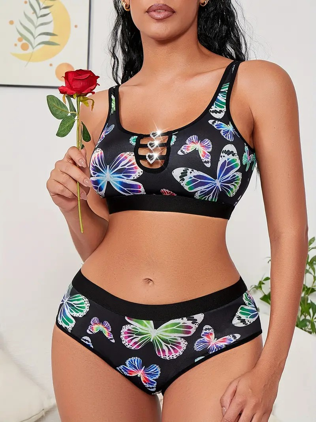 Women Sexy Butterfly Print Lingerie Set 