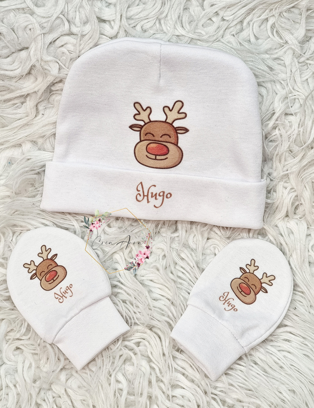 Ensemble bonnet et gants bébé Renne de Noël