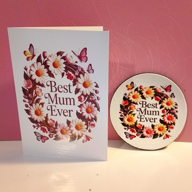 Best Mum Ever Card &amp; Coaster Set - MOTHER'S DAY - MUM BIRTHDAY - 2 Designs