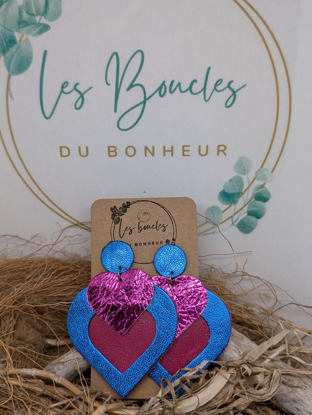 Boucles d&#039;oreilles Double coeur  bleu fushia dc035
