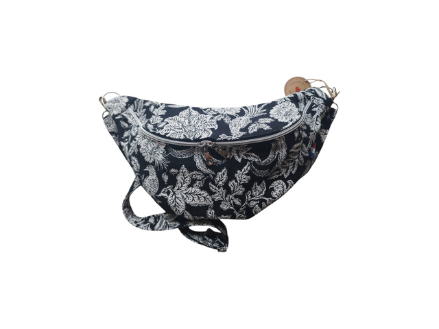 Sac banane en tissu jacquard noir motifs blancs