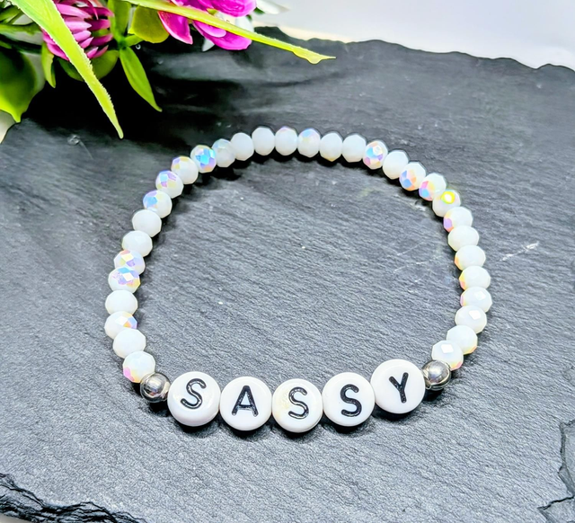 White &amp; Metallic Ceramic Beaded Children's Stretch "Sassy" Bracelet