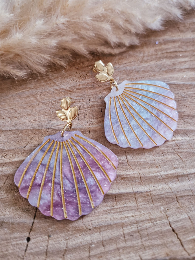 Boucles d'oreilles "Coquilles nacrées" - Modèle doré et lilas