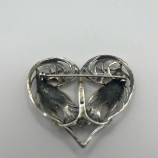 Silver Heart Brooch with Two Birds