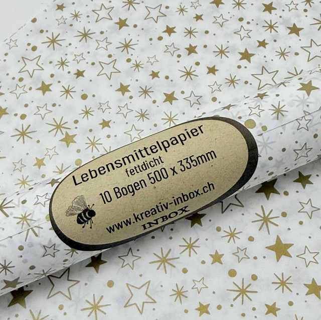 Lebensmittelpapier Goldsterne  10 Bögen je 50x33.5cm
