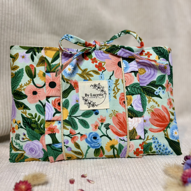 Pochette à livre de poche/liseuse Fleurs fond vert menthe