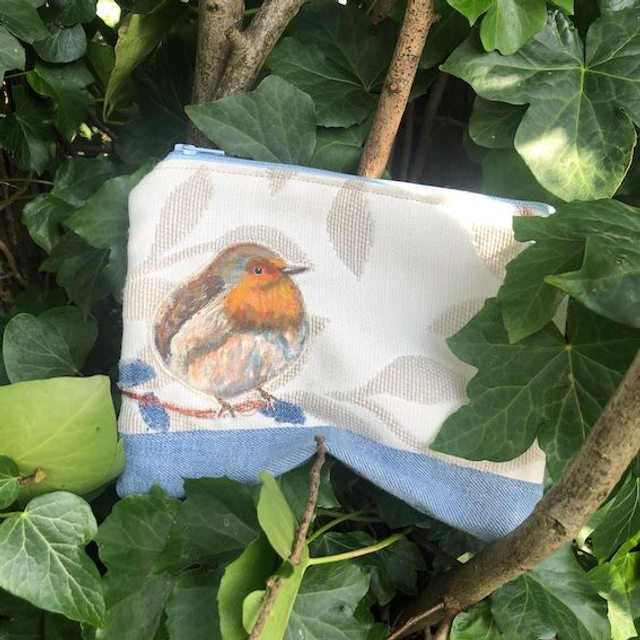 Robin on a branch upcycled pouch