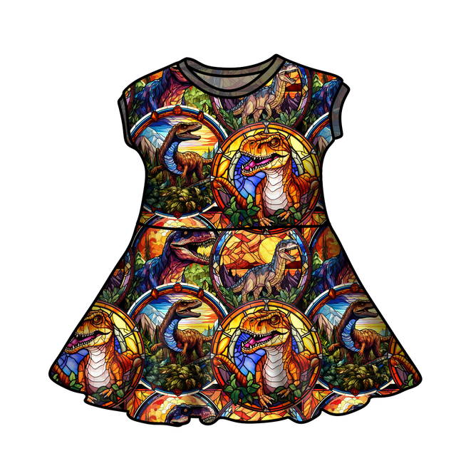 Short Sleeve - Dreamweaver 'Stained Glass Dinos' Twirly Dress