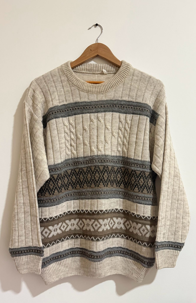 Vintage Cable Knit Sweater – Beige &amp; Grey – Size M