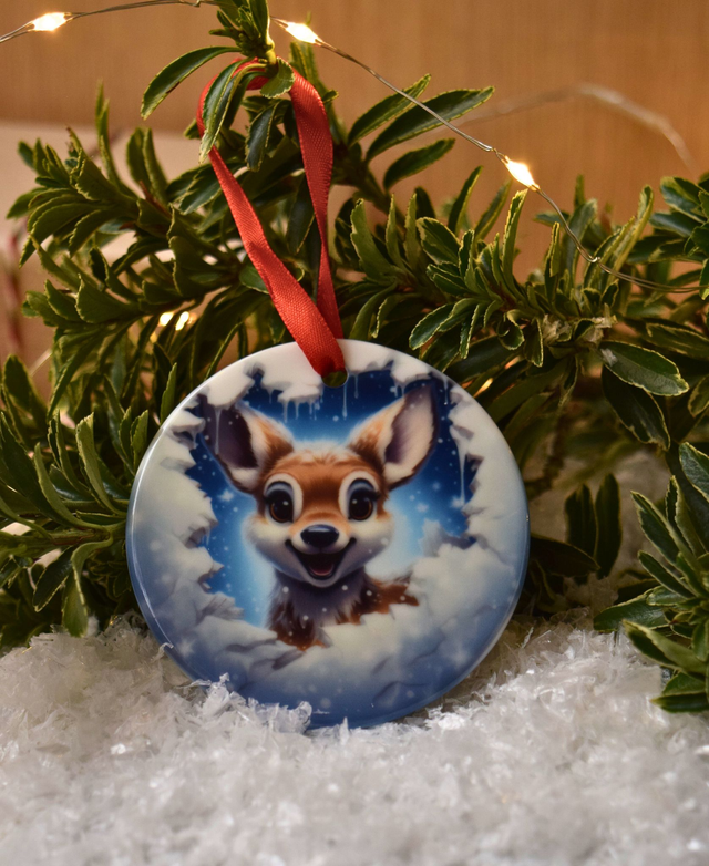 Round Ceramic Christmas Ornament – Woodland Fawn Design