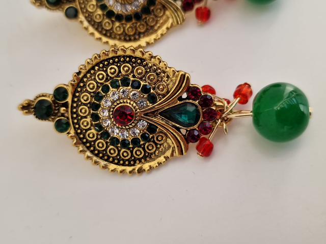Boucles D'oreilles Vintage Retro Dorées Cristal Jade Vert Rouge