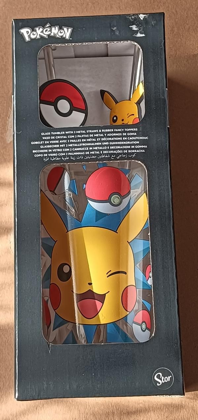 Pokémon Glass Tumbler and 2 Metal Straws with Toppers.