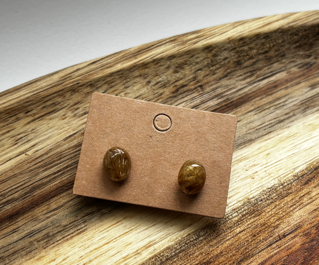 Oval Golden Rutilated Quartz Ear Studs – S925 Pin (B)
