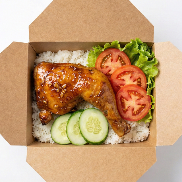 R3. Reis mit Hähnchenschenkel mit schwarze Pfeffersoße