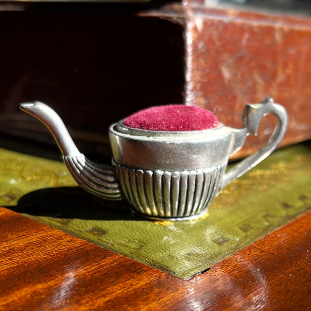 A Vintage Pewter Teapot Pincushion By A.L. Williams