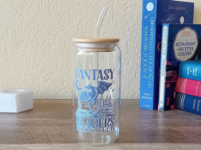 Gobelet en Verre 550ml - Fantasy Reader Book Club - Paille en Verre et Couvercle en Bambou