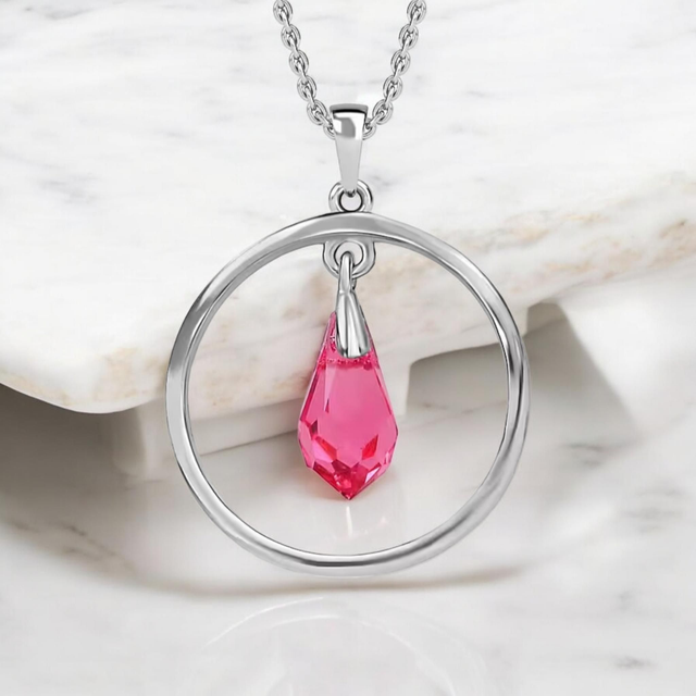 Beautiful Fuchsia Quartz Crystal &amp; Platinum Vermeil Pendant Necklace.