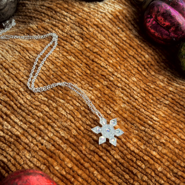 Snowflake Necklace Dainty - White and Iridescent 