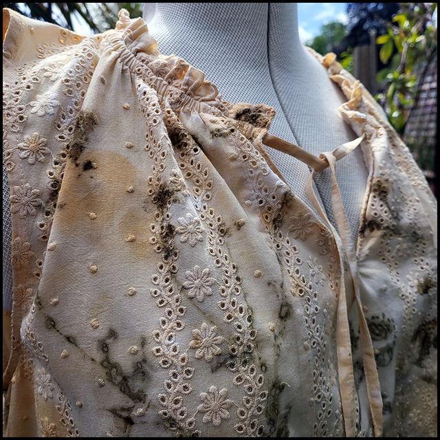 Cotton embroidery anglaise sleeveless top - eco printed with dandelion and buttercup flowers wrapped in an iron blanket size 14