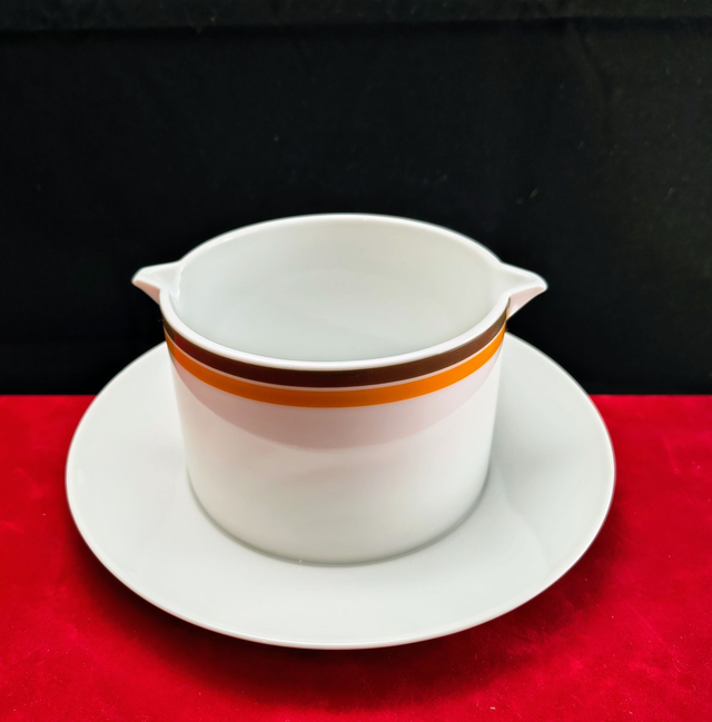 Thomas | Sauskom Juskom met vast onderbord (diameter 10,0 cm en 17,0 cm | hoogte 7,0 cm) met Bruine en Oranje bies | Vintage