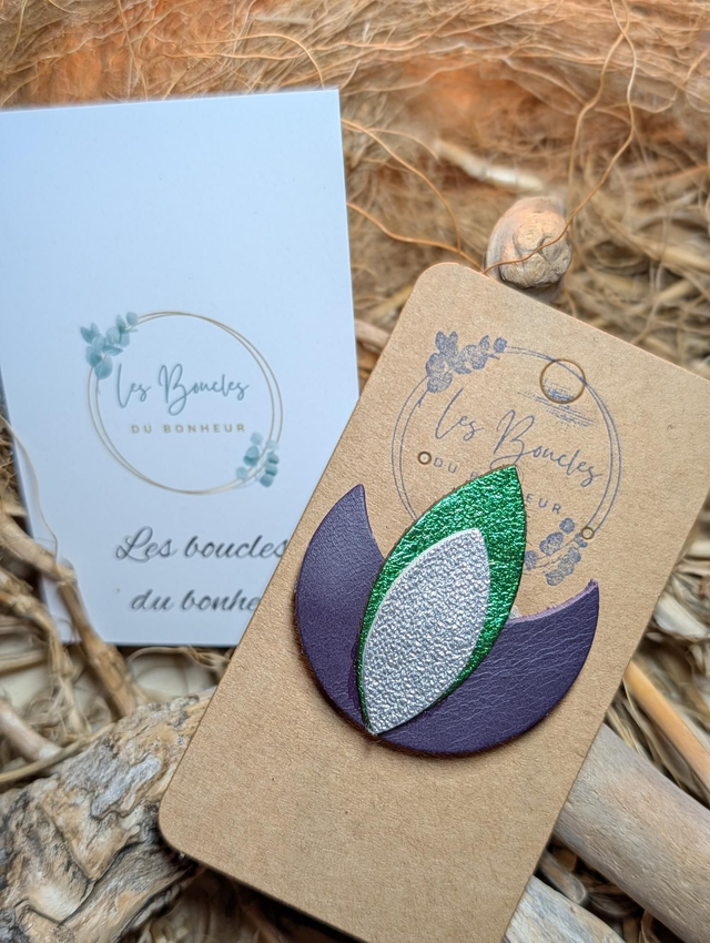 Broche lotus prune vert argenté b009