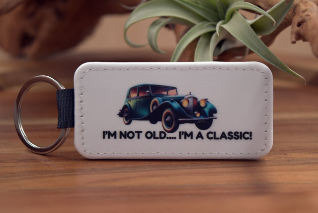 Key Ring – &quot;I’m Not Old... I’m a Classic,&quot; Classic Car Design, Double-Sided PU Leather Keychain