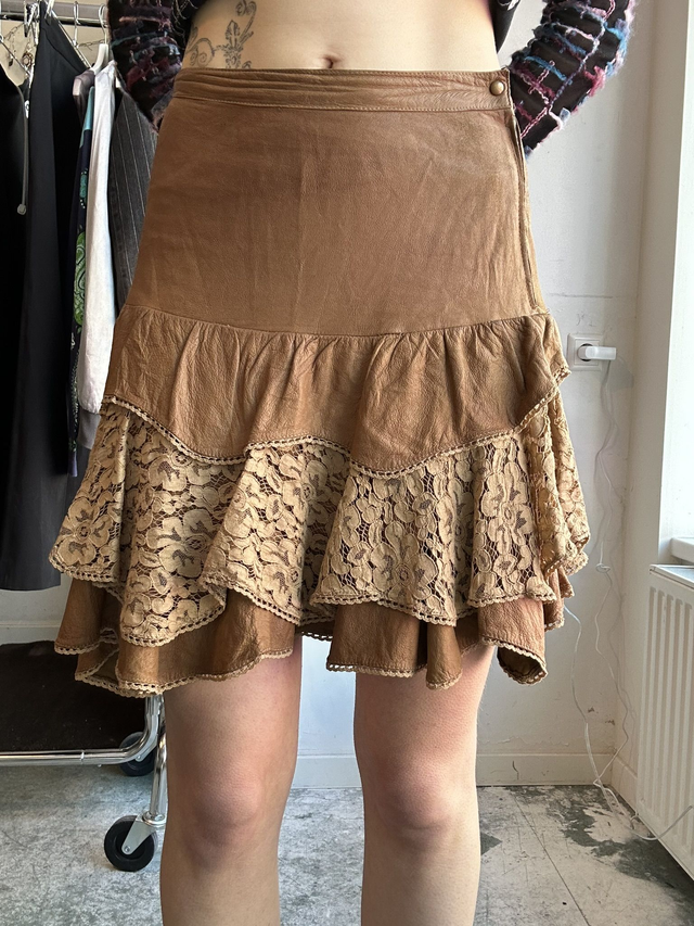 brown leather skirt with lace details