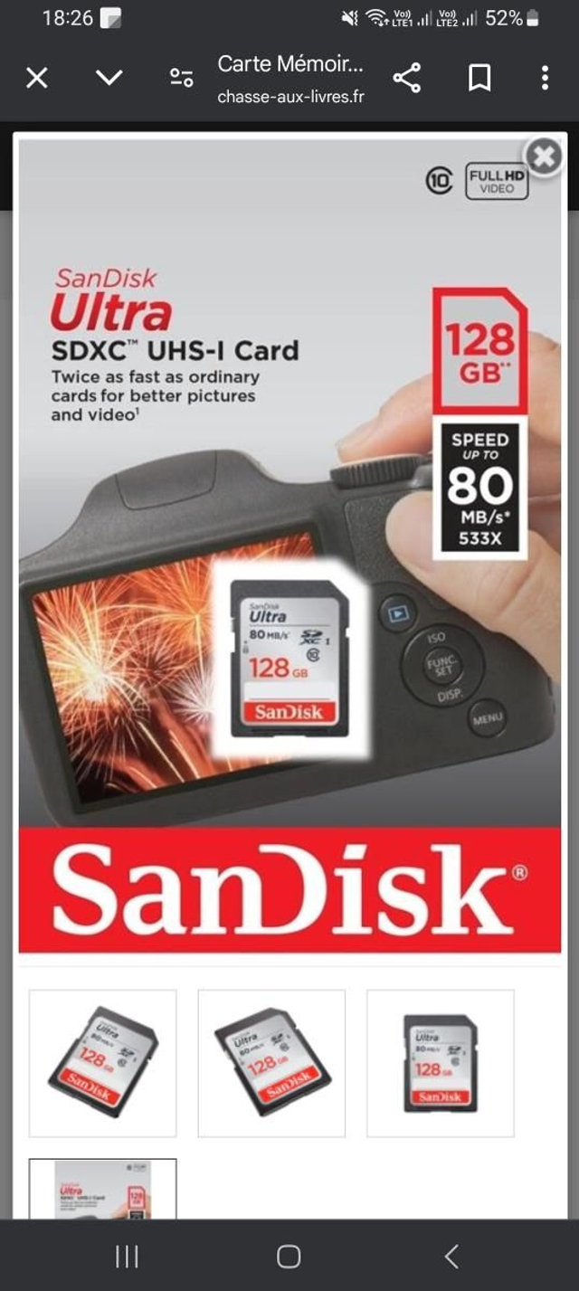 Carte mémoire Flash SD ultra SDXC 128 Go 80 Mb/s SanDisk. Toute neuve.