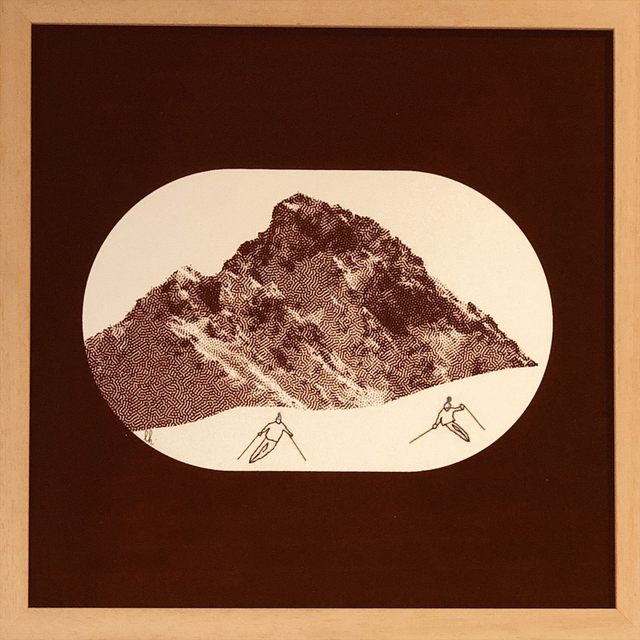 sérigraphie brodée et encadrée 2 skieurs 30X30