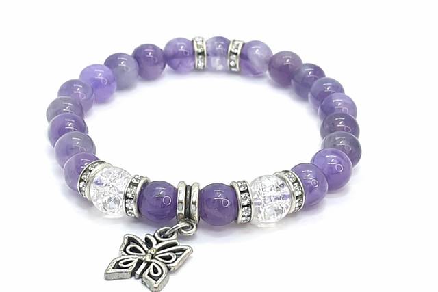 Bracelet « Papillon » Améthyste &amp; Quartz craquelé 8 mm