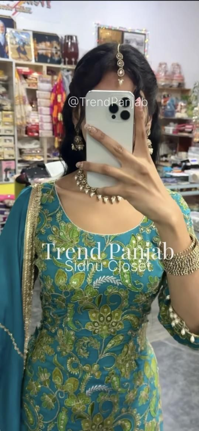 Peacock Blue Floral Embroidered Sharara Suit