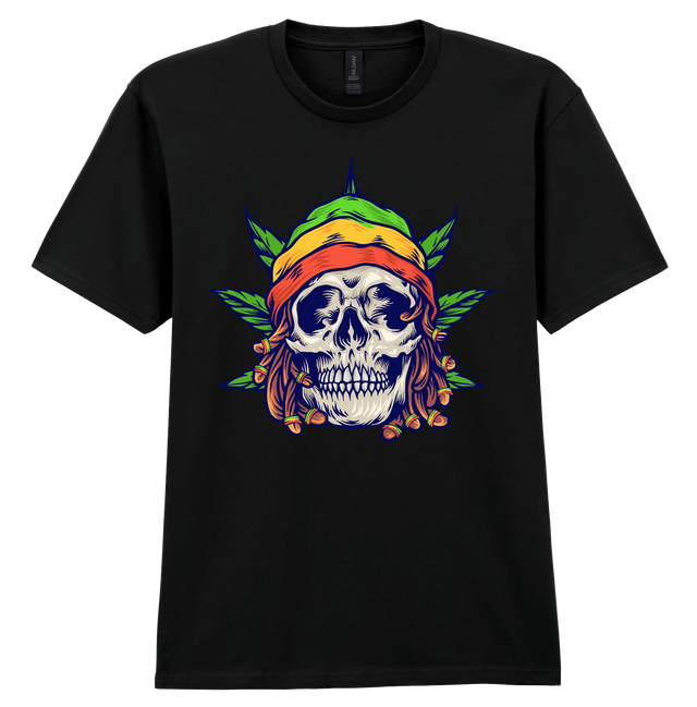 Smoked Cannabis Rasta Skull Black Soft Spun Patterned T-Shirt