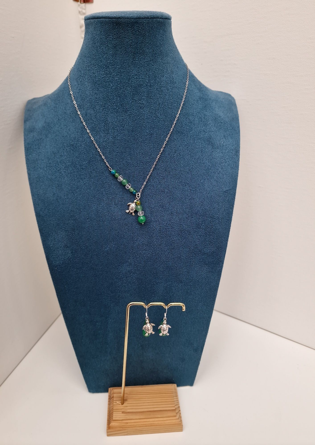 Parure Bijoux Acier Argenté Tortues Perles Jade Cristal