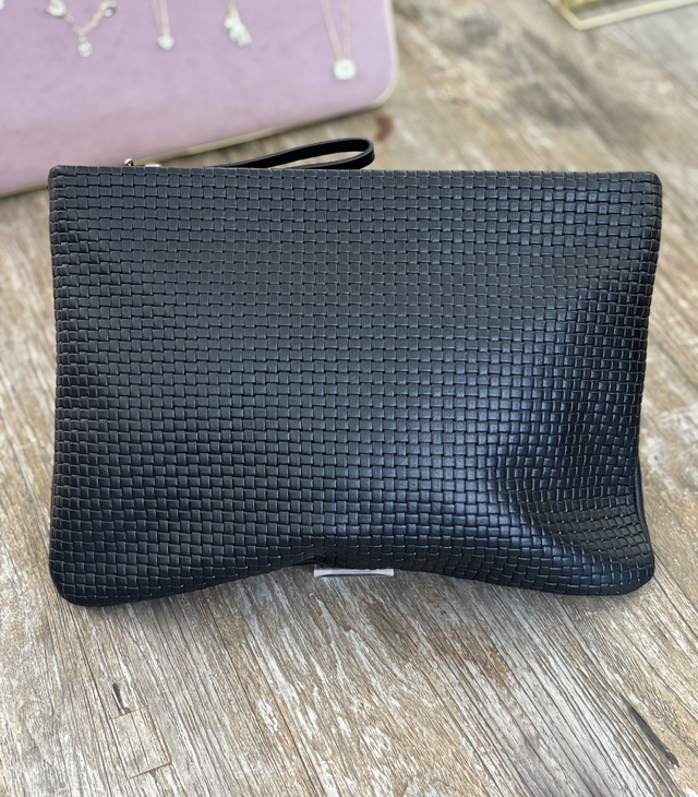 Black Textured Leather Clutch Bag