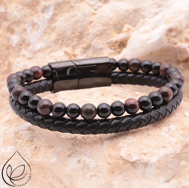 BRACELET ESSENTIANA ASKA CUIR NOIR OEIL DE TAUREAU, ONYX qualité A