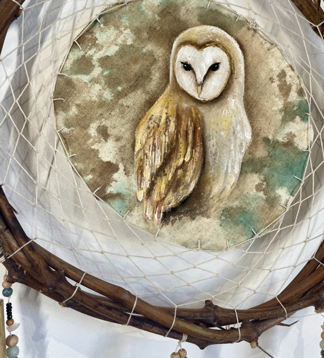 Esprit de la Chouette - Peinture Totémique & Attrape-rêves artisanal