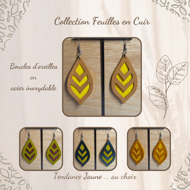 Boucles d&#039;oreilles en cuir  - Feuilles, tendance Jaune ... 