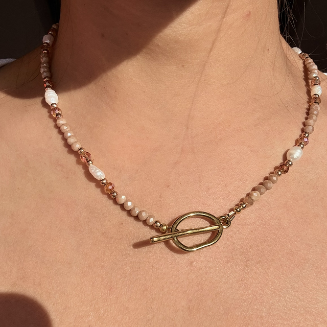CAMILLE - Mocha Brown and Pearl Beaded Toggle Necklace