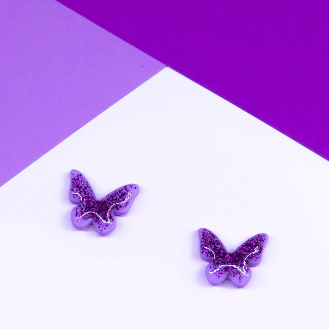 Purple Glitter Lilac Butterfly Studs