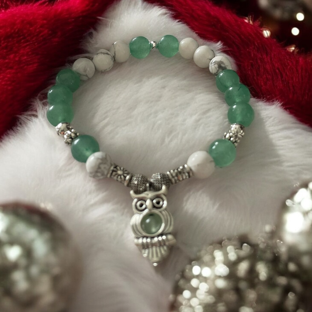 U6 bracelet bien-être Howlite Aventurine verte charm’s chouette 