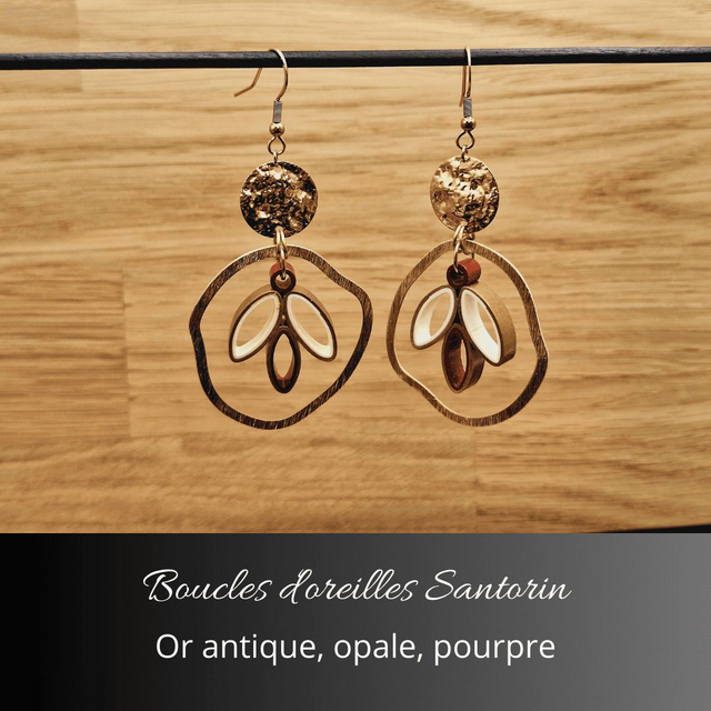 Boucles d&#039;oreilles Santorin - Or antique, opale, pourpre