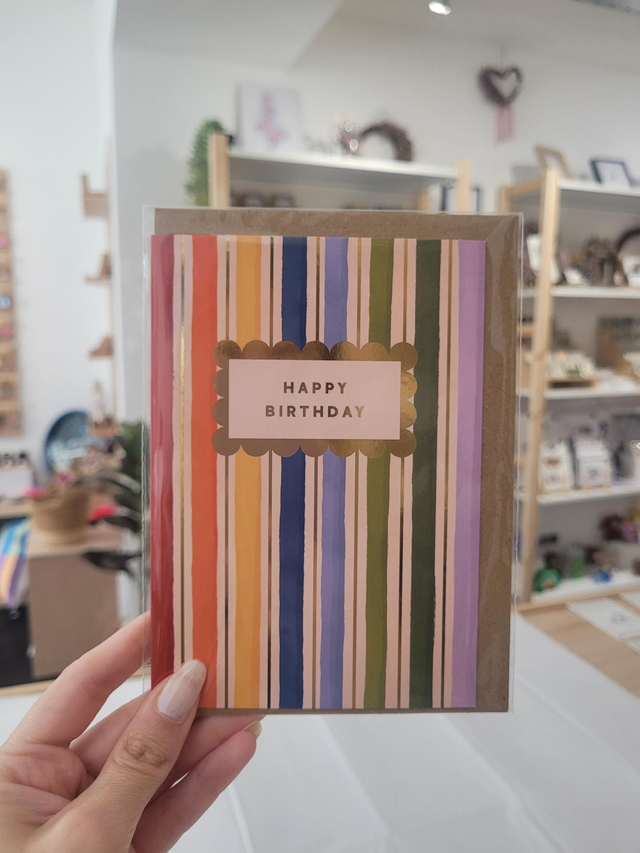 Happy Birthday Rainbow Stripes Gold Foil Greetings Card - EV-033