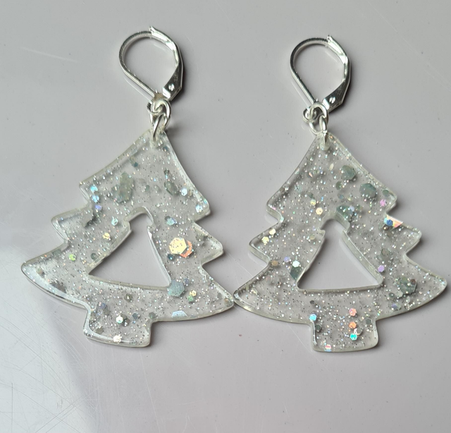 Earrings Christmas tree shape transparent silver glitter leverbacks