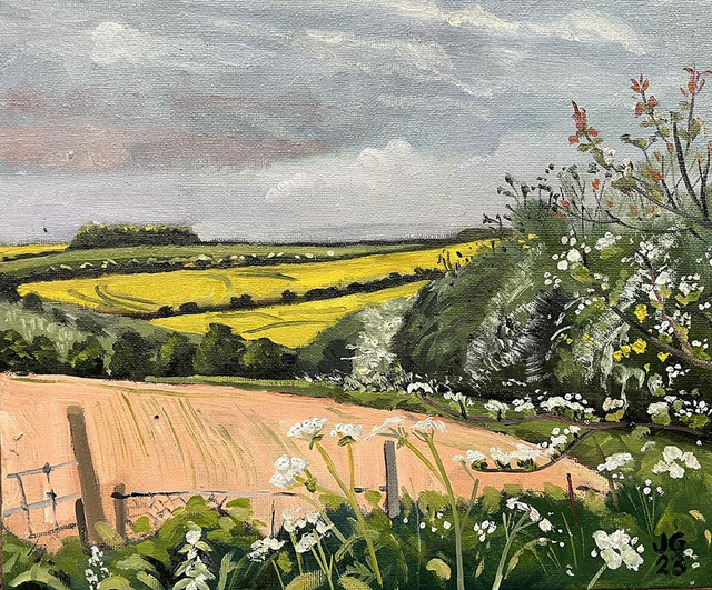 Keasey Dale with golden fields. 12x10 inch original oil on canvas board.