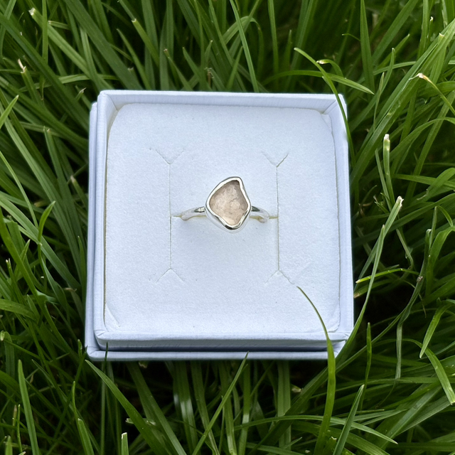 Pale Pink Seaglass & Recycled Silver Pinky Ring Size C