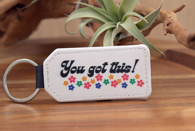 Key Ring – &quot;You Got This!&quot; Retro Flowers Design, Double-Sided PU Leather Keychain