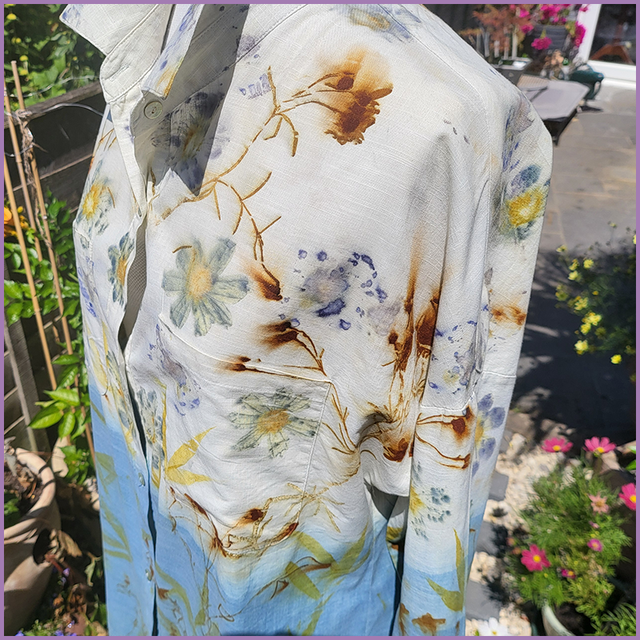 Oversized Linen Blouse - size 14 - Indigo dyed and eco printed with leaves and flowers