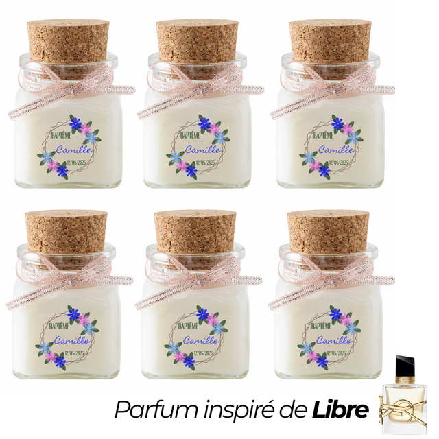 6 Bougies personnalisées parfumées : cadeau invités mariage, baptême, communion, anniversaire, baby shower, gender reveal, EVJF, Parfum LIBRE
