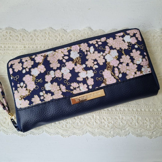 Portefeuille long zippé "Hinata" bleu & simili cuir bleu marine