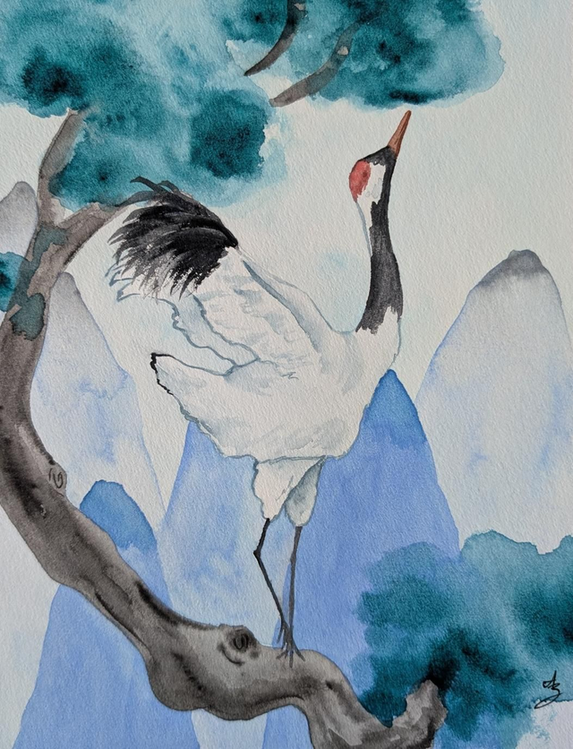 Grue blanche • Aquarelle originale encadrée 
